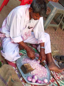 Eating Mumbai: Chopping onions at Chowpatty Beach.