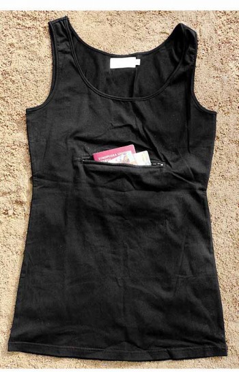 Pickpocket proof clothes: Clever Travel Companion's black tank; safest place to carry money