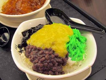 Chendol, a classic Malaysian iced dessert, is heavenly topped with a scoop of fresh durian.