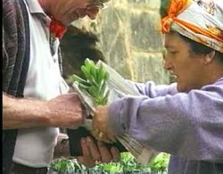 Pickpockets with flowers; A bunch of flowers and a newspaper hide her theft from the victim.