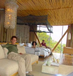 Glass box aerie has an outdoor shower and netted bed on back deck.