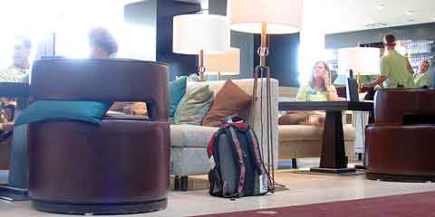 A backpack ignored in a hotel lobby