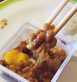 Natto beans with mustard, ready to top rice.