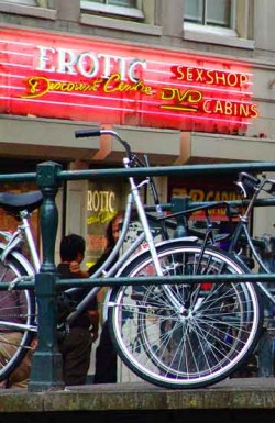 Amsterdam: bridges and bikes in the red light district.