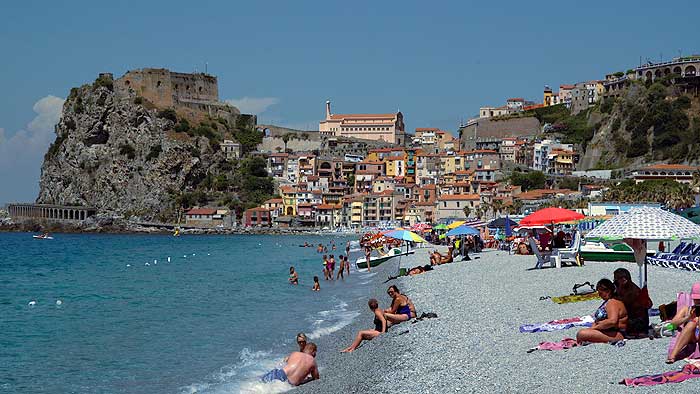 The rock and fortress as seen from Scilla’s beach resort side.