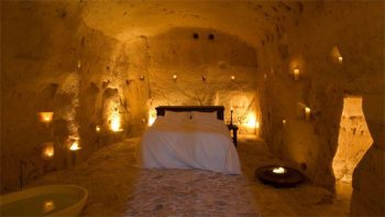 A bedroom at Sextantio cave hotel in Matera, Italy.