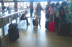 The suitcase at left was unattended for at least 15 minutes.